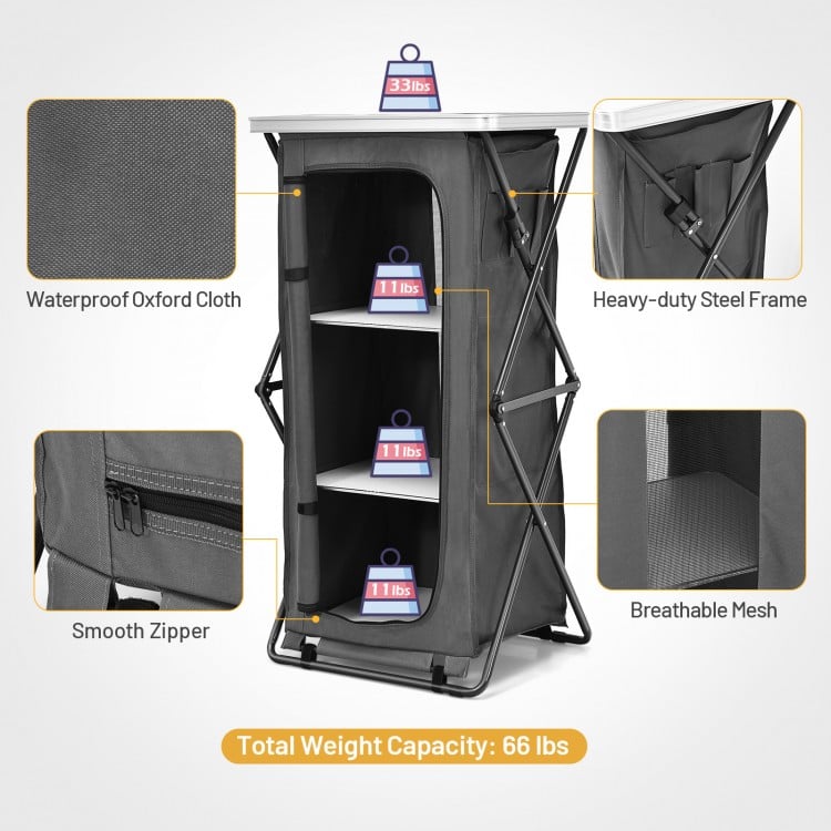 Folding camping storage cabinet with 3 shelves, waterproof oxford cloth, and heavy-duty steel frame for outdoor use.
